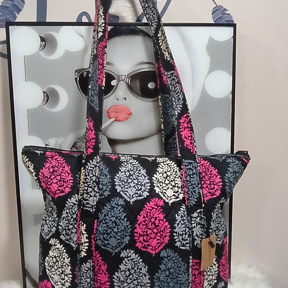 Vera Bradley Black and Pink Leaf Pattern Tote - Picture 8 of 13